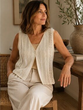 Boho Crochet Lace Button Front Vest Open Knit Beige Layering Festival
